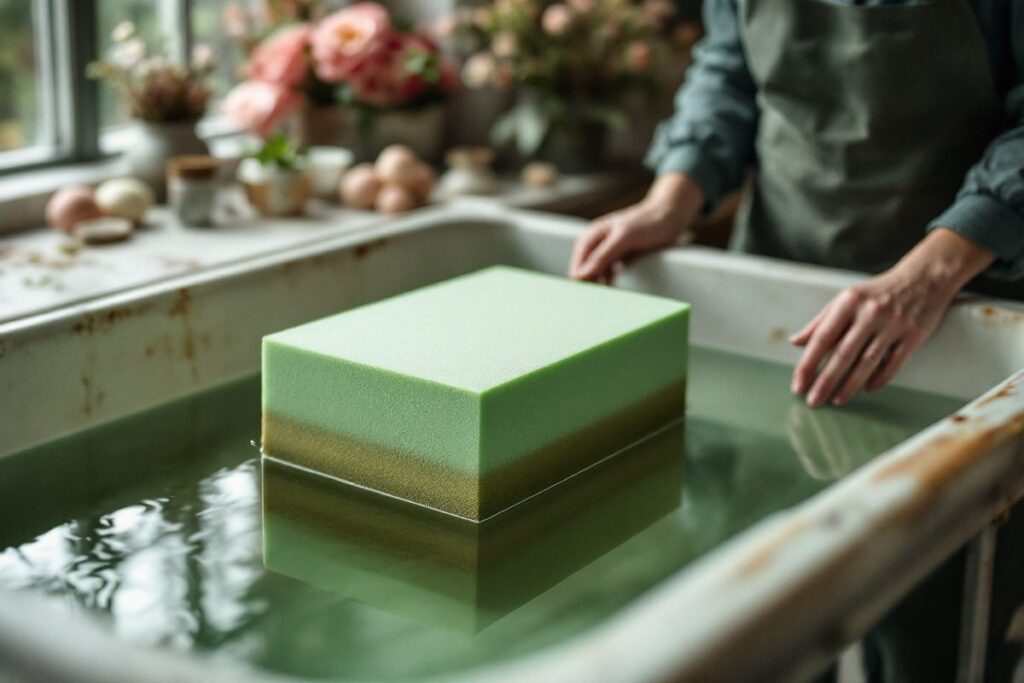Bloc de mousse florale posé à la surface de l'eau, qui s'imbibe sans être enfoncé