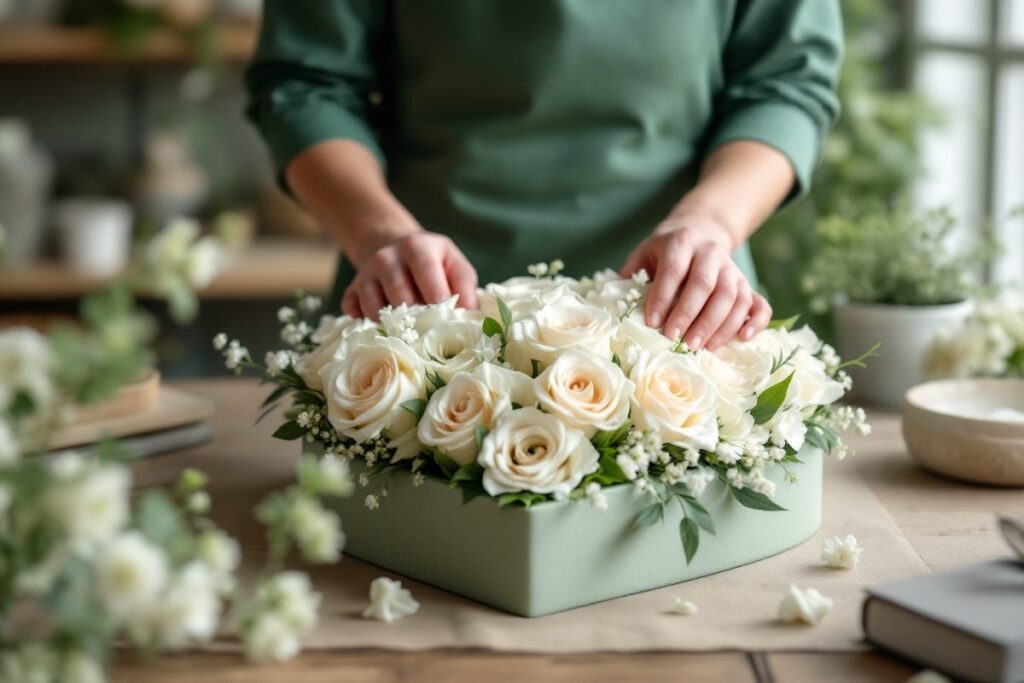 Composition de deuil de roses blanches en cours de réalisation dans l'atelier