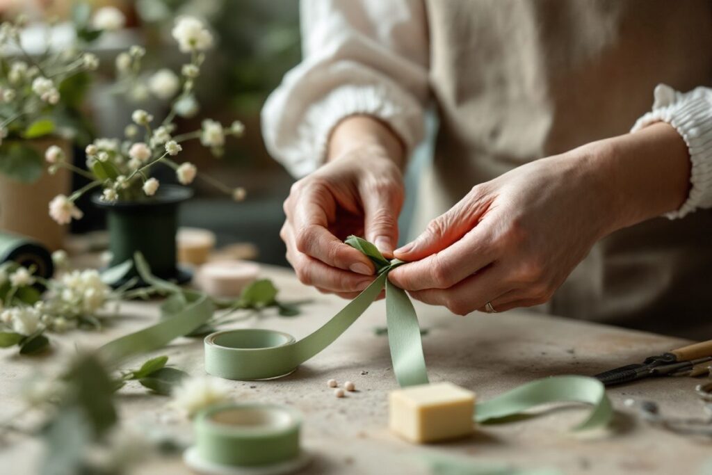 Mains de fleuriste nouant un ruban, avec rouleaux de ruban adhésif floral et pâte fixe
