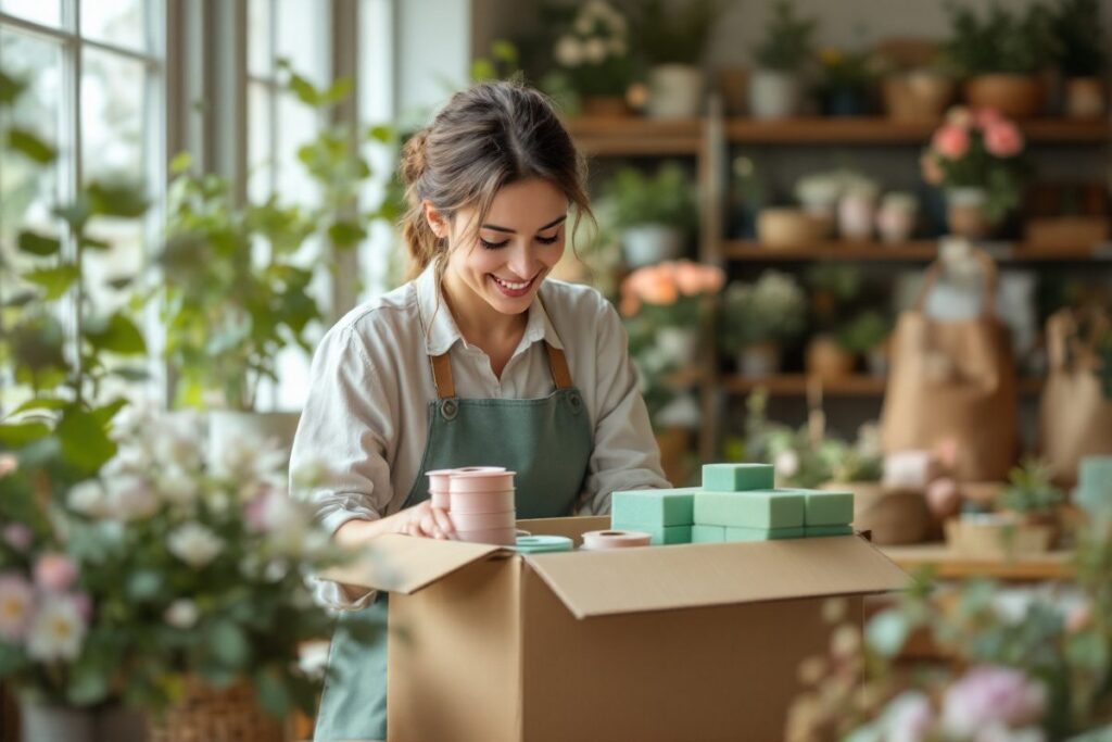 Fleuriste déballant un colis de rubans et de mousse florale dans sa boutique