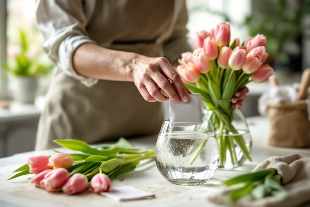 Fleuriste versant un sachet de conservateur dans un vase d'eau, tulipes coupées à côté