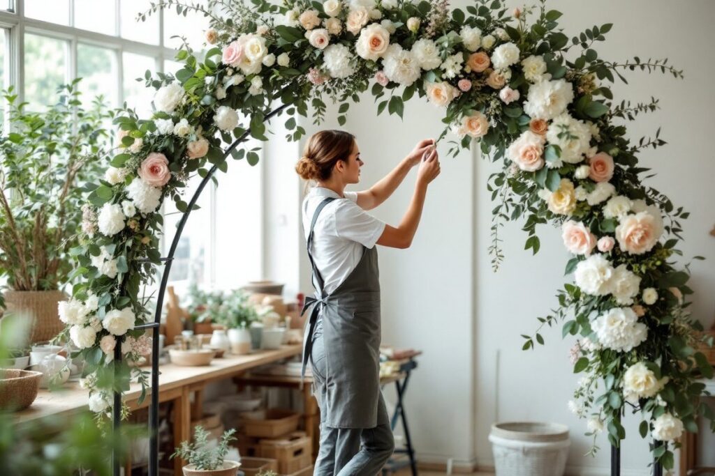 Fleuriste fixant des fleurs blanches et du feuillage sur une arche florale