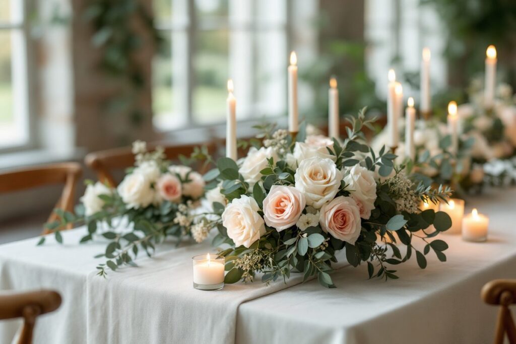 Table de réception de mariage décorée de roses blanches et poudrées, d'eucalyptus et de bougies