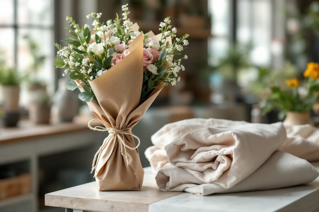 Bouquet emballé dans du papier kraft et noué de ficelle, à côté d'un tissu en lin