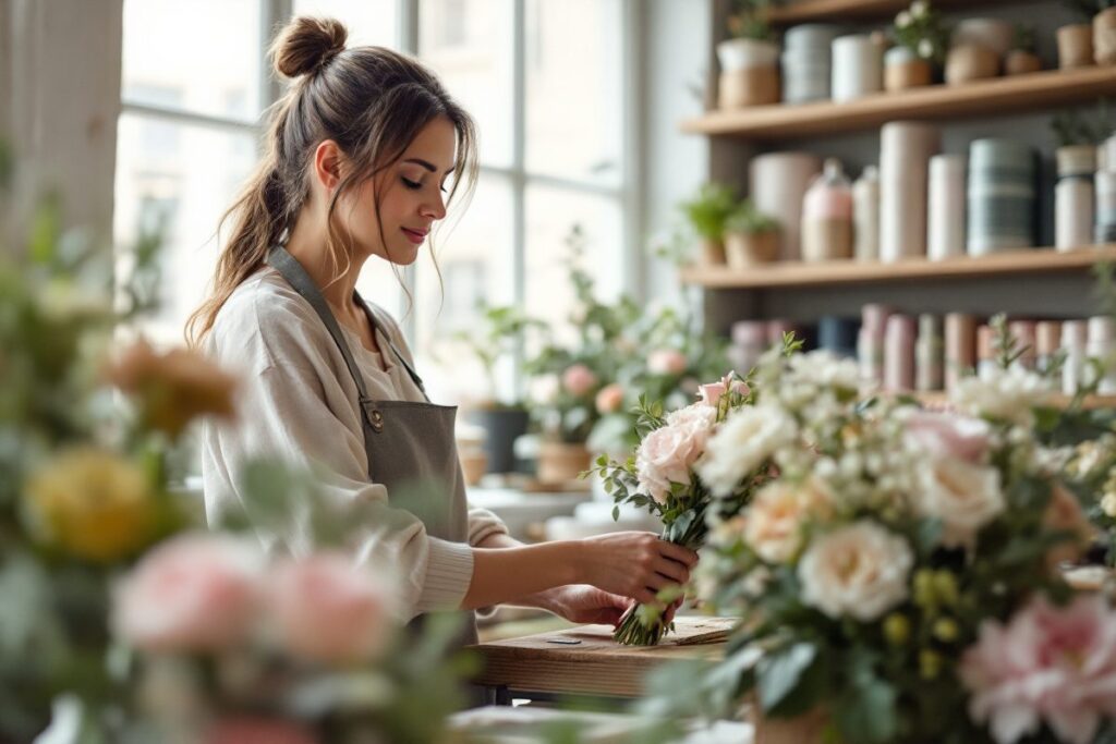 Fleuriste préparant un bouquet devant des étagères de fournitures bien rangées