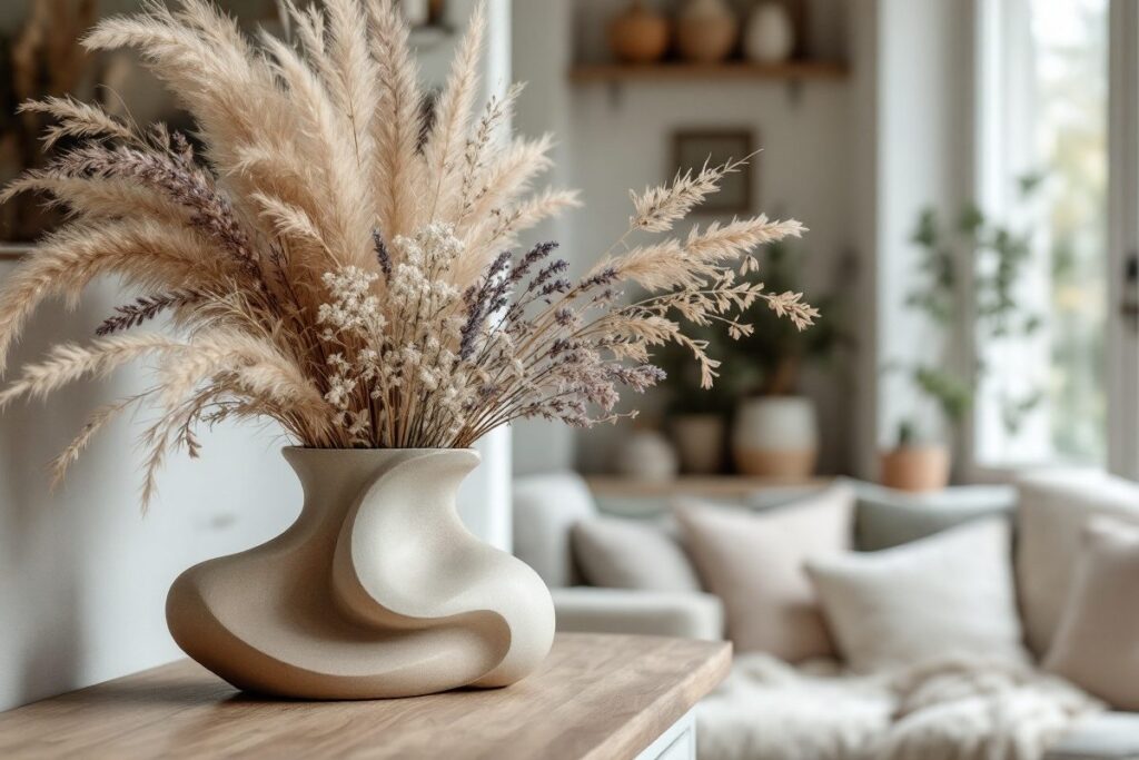 Bouquet de fleurs séchées et d'herbes de la pampa dans un vase en céramique, dans un salon