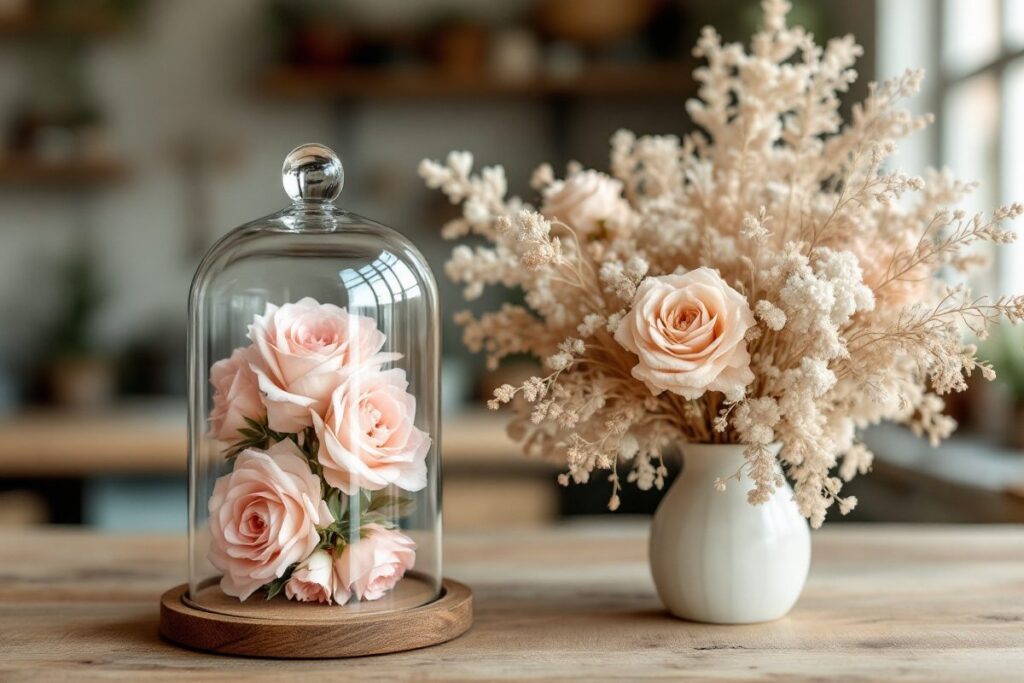 Roses stabilisées sous cloche en verre à côté d'un bouquet de fleurs séchées