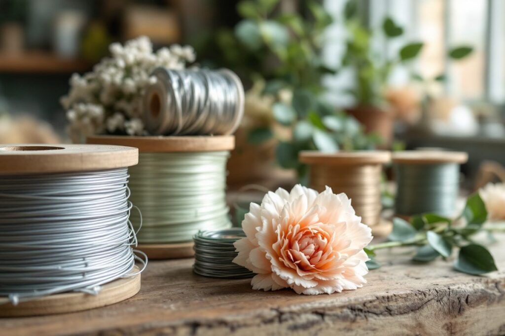 Bobines de fil floral de différents calibres sur un établi en bois