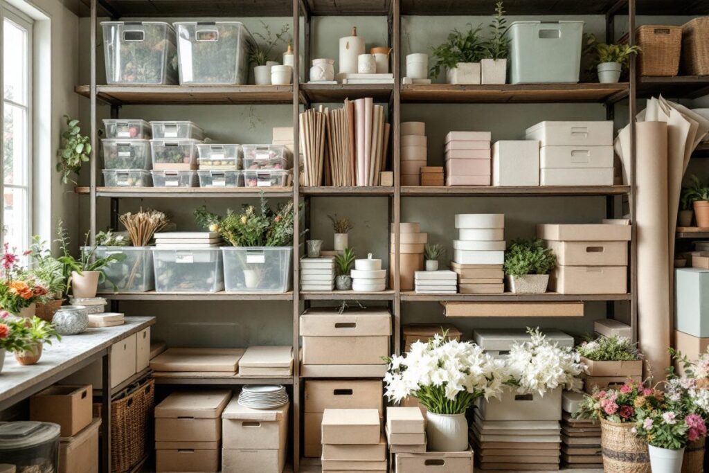 Réserve de boutique de fleuriste organisée avec bacs, cartons et rouleaux de papier
