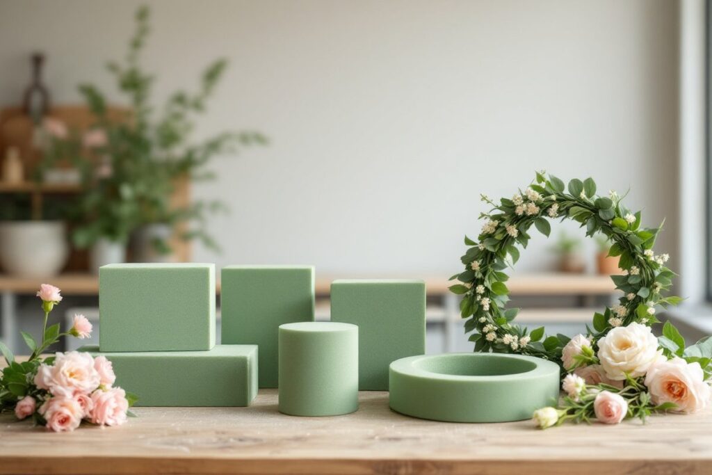 Différents formats de mousse florale : briques, cylindre, anneau et couronne