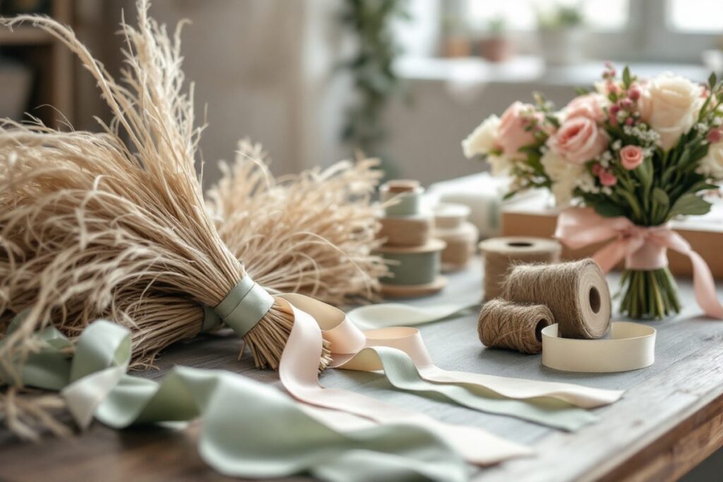Raphia naturel, rubans de satin et ficelle de jute sur une table de fleuriste