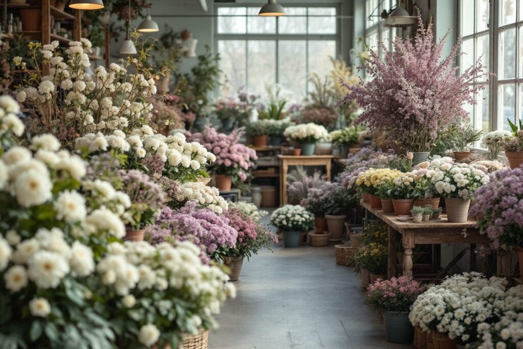 Atelier de fleuriste rempli de chrysanthèmes blancs et mauves avant la Toussaint