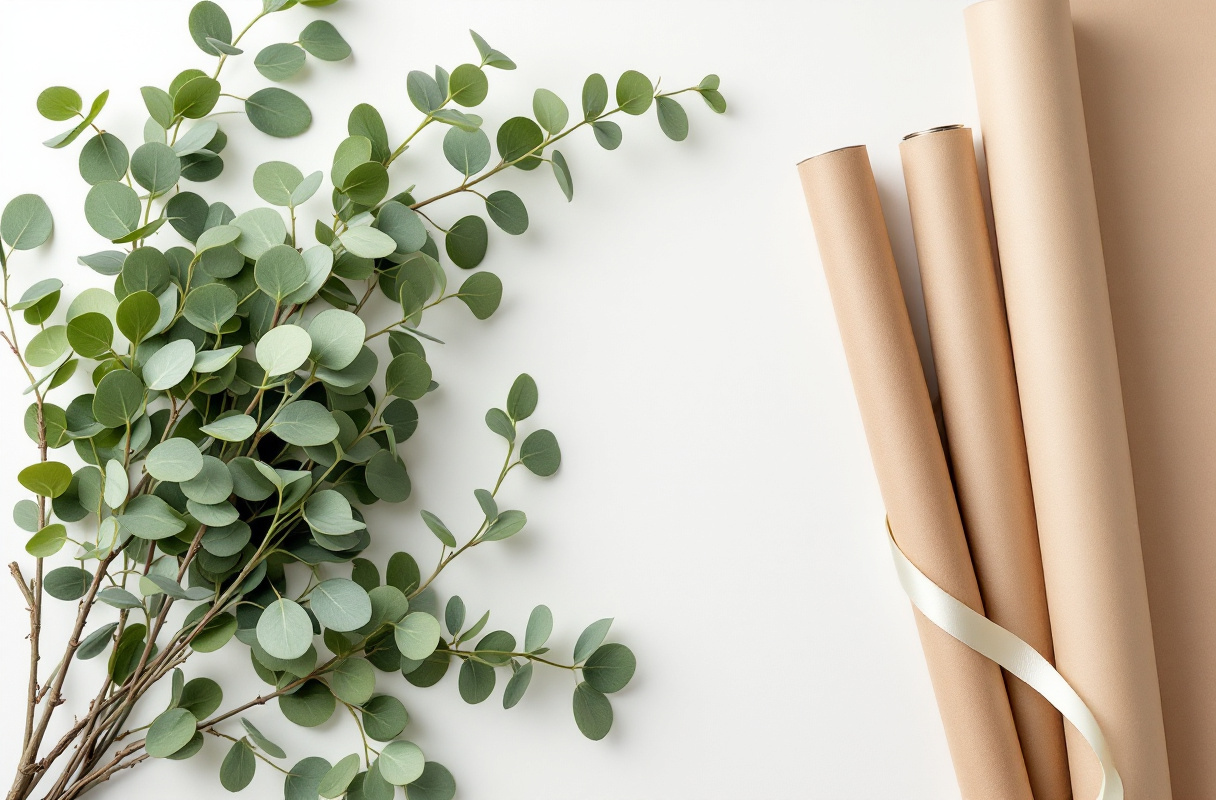Fournitures florales professionnelles : mousse, rubans, papier kraft, eucalyptus