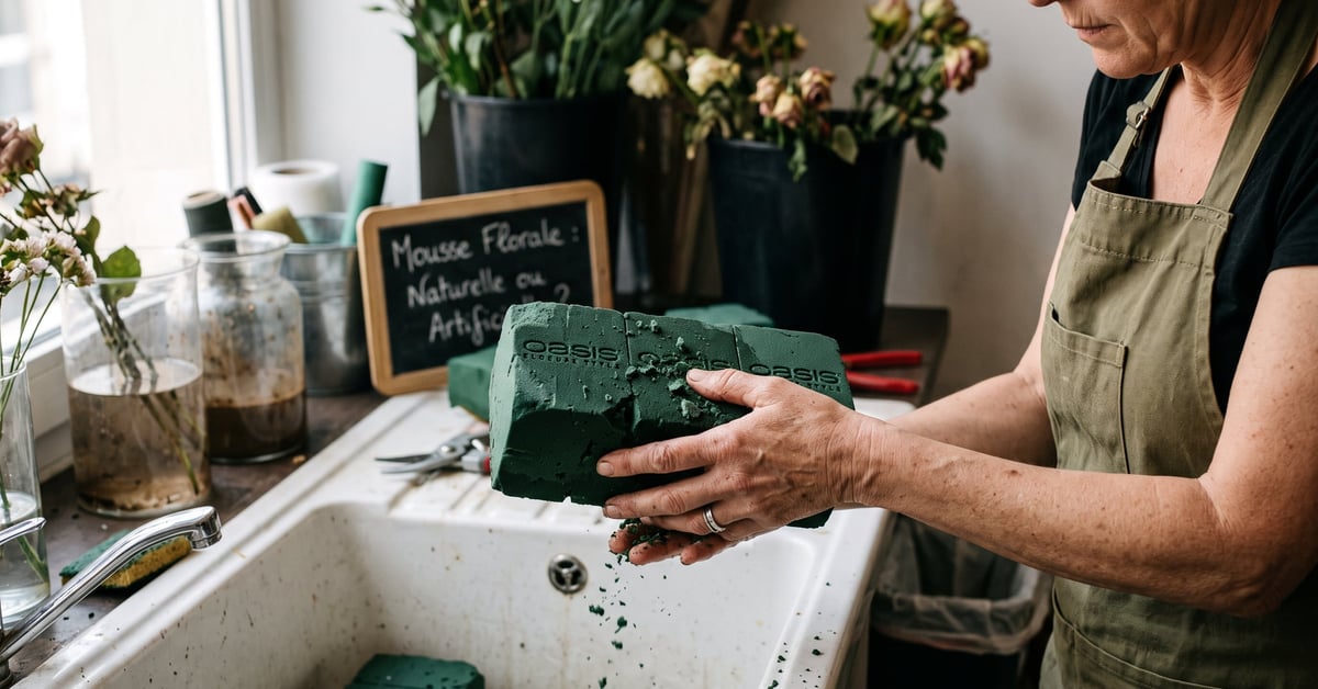 Mousse florale synthétique posée sur une table, alternative écologique en fleuristerie