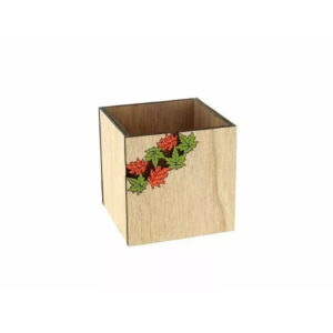 Cache-pot carré en bois naturel avec motif feuille décoratif pour compositions florales et plantes