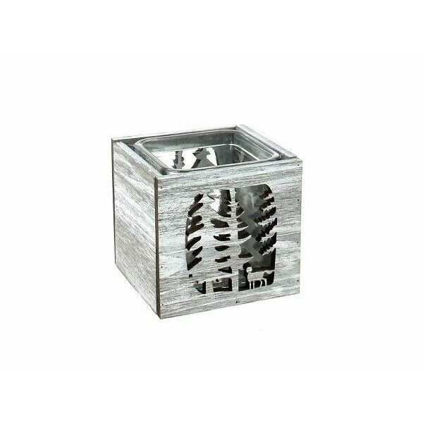 Cache pot bois gris style forêt avec verrerie intégrée pour fleuriste composition florale