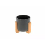 Cache-pot céramique gris avec détail bois naturel pour fleuriste et décoration florale D7cm H7,5cm