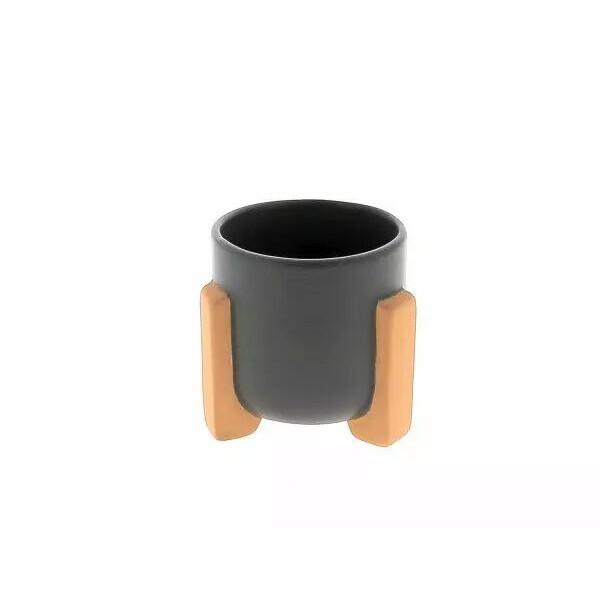 Cache-pot céramique gris avec détail bois naturel pour fleuriste et décoration florale D7cm H7,5cm