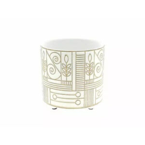 Cache-pot rond en céramique blanche motif hiéroglyphe pour compositions florales professionnelles