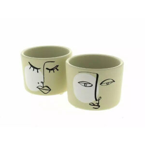 Cache-pot céramique taupe avec décor visage sur pieds pour fleuriste, diamètre 11 cm hauteur 10 cm