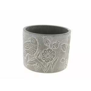 Cache-pot rond en ciment beige avec motif décoratif d'oiseaux pour compositions florales professionnelles