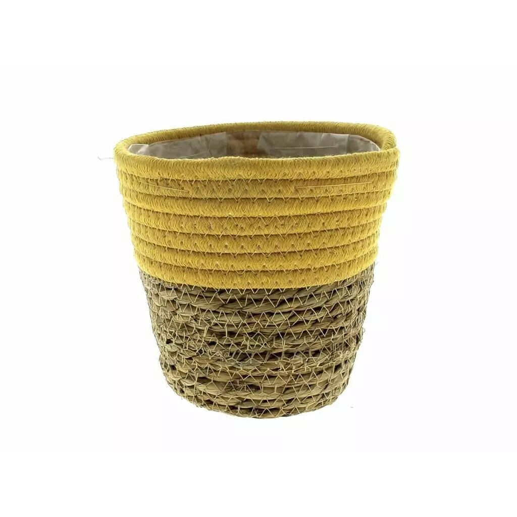 Cache-pot rond en osier naturel et jaune diamètre 18 cm hauteur 17 cm avec intérieur plastifié pour fleuriste