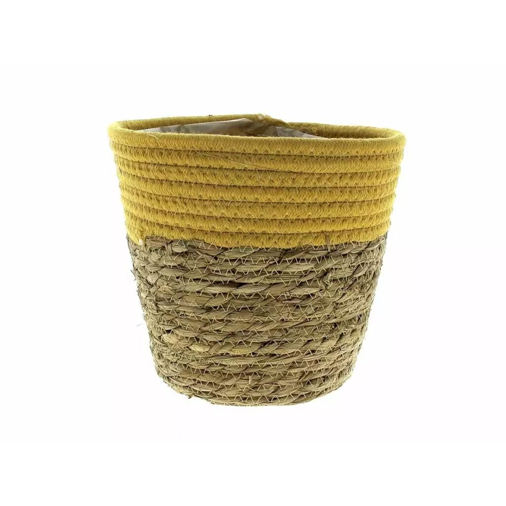Cache-pot rond en osier tressé naturel et jaune pour fleuristes, diamètre 22 cm hauteur 20,5 cm avec intérieur plastifié