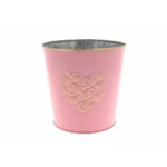 Cache pot rond en zinc rose avec décoration motif coeur pour fleuriste, diamètre 18 cm hauteur 16,5 cm