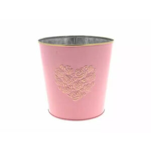 Cache pot rond en zinc rose avec décoration motif coeur pour fleuriste, diamètre 18 cm hauteur 16,5 cm