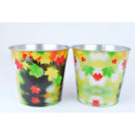 Cache pot en zinc avec motif feuilles automnales pour fleuriste, diamètre 12 cm hauteur 11,5 cm