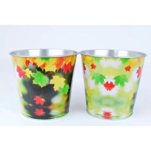 Cache pot en zinc avec motif feuilles automnales DECOBASE pour fleuriste, diamètre 12 cm hauteur 11,5 cm