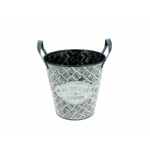 Cache-pot rond en zinc blanchi avec décoration Flowers diamètre 12,5 cm pour fleuriste