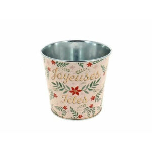 Cache-pot rond en zinc décoré Joyeuses Fêtes pour compositions florales professionnelles de Noël
