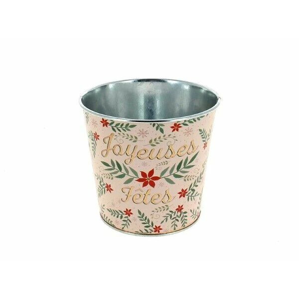 Cache-pot rond en zinc décoré Joyeuses Fêtes pour compositions florales professionnelles de Noël