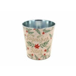 Cache-pot rond en zinc décoré Joyeuses Fêtes diamètre 15 cm hauteur 15 cm pour fleuriste