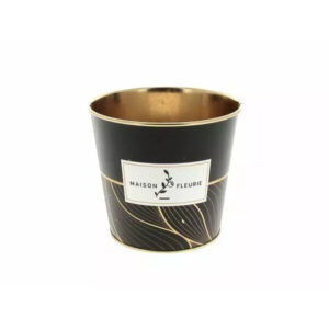 Cache pot rond en zinc noir décoré motif Maison fleurie diamètre 13 cm hauteur 12 cm pour compositions florales professionnelles