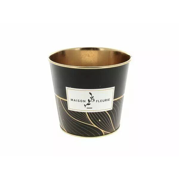 Cache pot rond en zinc noir décoré motif Maison fleurie diamètre 13 cm hauteur 12 cm pour compositions florales professionnelles