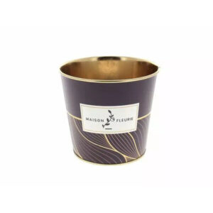 Cache-pot zinc rond parme motif Maison fleurie pour fleuriste et composition florale champêtre