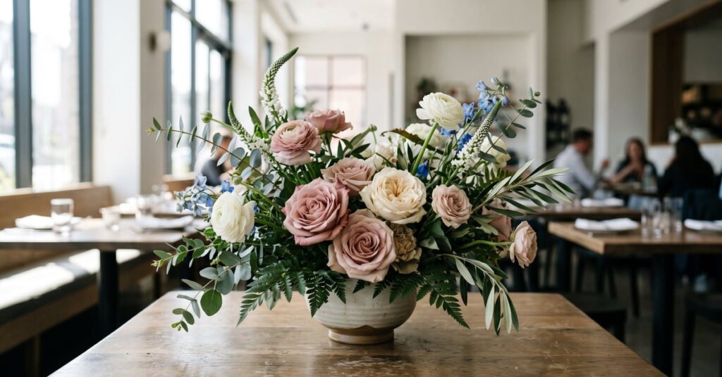 Centre de table fleurs pour mariage, composition florale basse et élégante sur nappe blanche