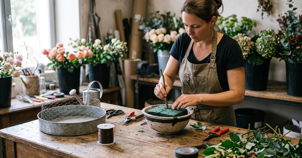 Matériel et contenants pour centre de table fleurs : vases, ciseaux et outils de fleuriste posés sur une table