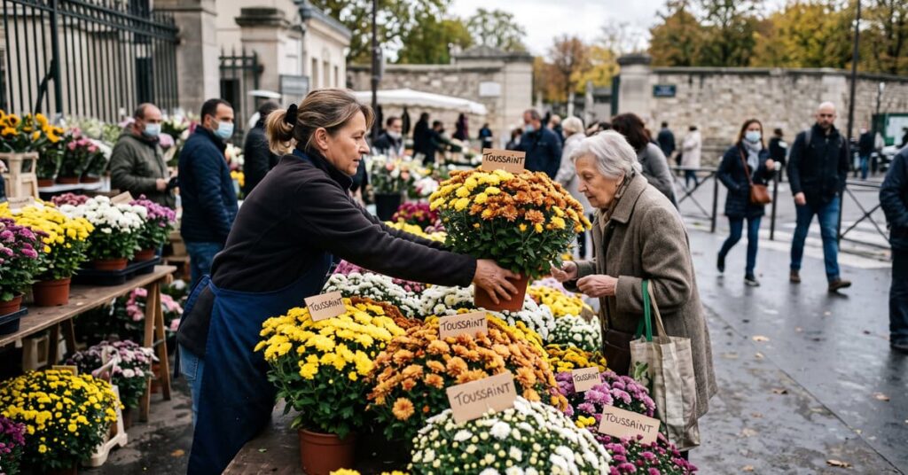 Chrysanthèmes de Toussaint en pot, fleurs automnales traditionnelles pour le 1er novembre