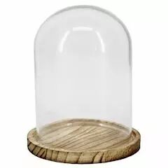 Cloche en verre transparent avec plateau en bois naturel pour composition florale et décoration fleuriste