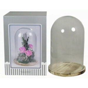 Cloche en verre transparent sur plateau en bois pour présentation de compositions florales en fleuristerie