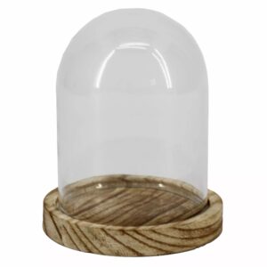 Cloche en verre transparente sur plateau en bois naturel pour composition florale et décoration