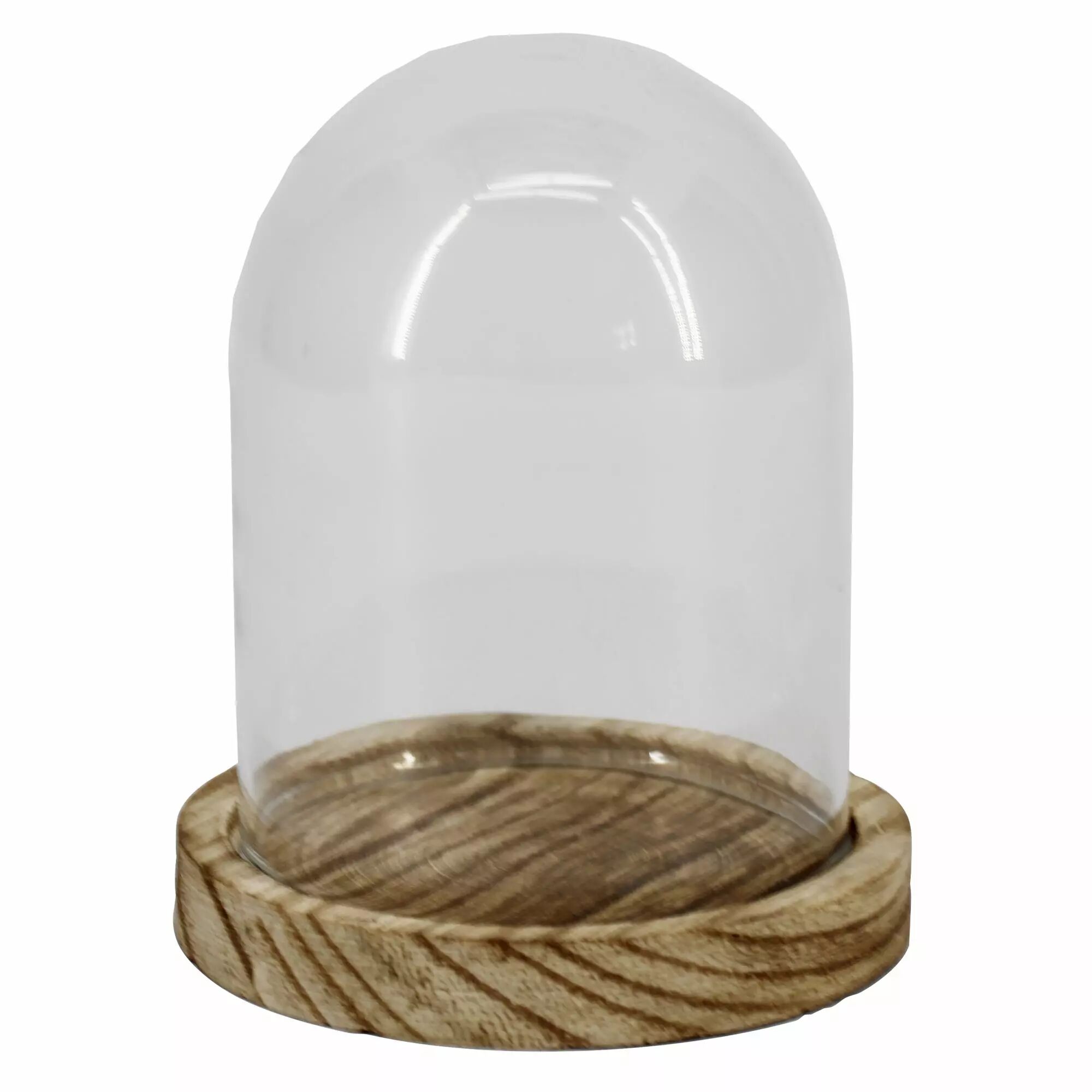 Cloche en verre transparente sur plateau en bois naturel pour composition florale et décoration