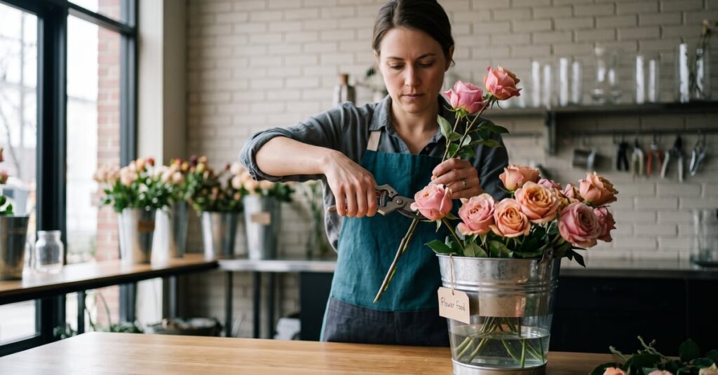 Roses coupées fraîches dans un vase en boutique florale pour conserver roses coupées plus longtemps