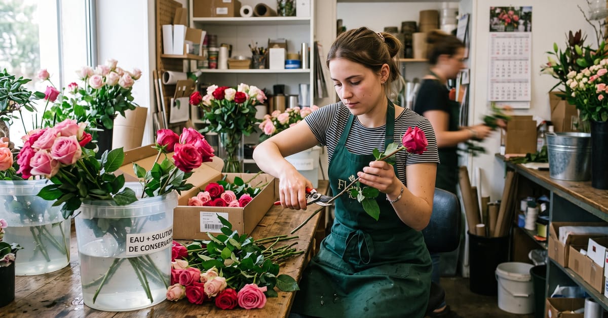 Roses coupées fraîches reçues en boutique florale, premières heures cruciales pour conserver roses coupées