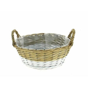 Corbeille ronde en osier bicolore avec anses pour compositions florales et arrangements de fleuriste