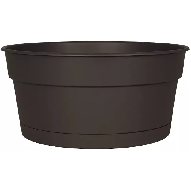 Coupe ronde plastique ardoise 28,5 cm avec soucoupe clippée pour composition florale professionnelle