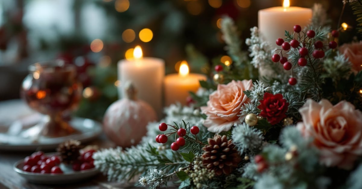 Noel : couronnes, centres de table et materiel de saison - decoration florale noel